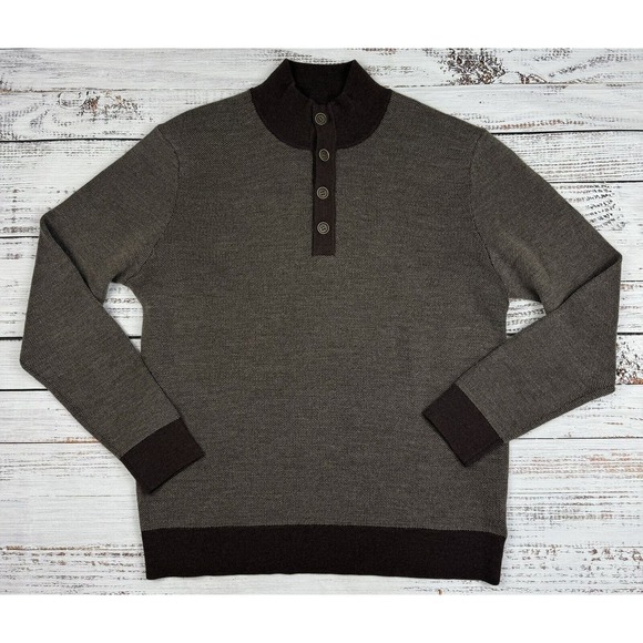Untuckit Pullover Mens‎ Large Brown Merino Wool Sweater Quarter 1/4 Button - Picture 1 of 5